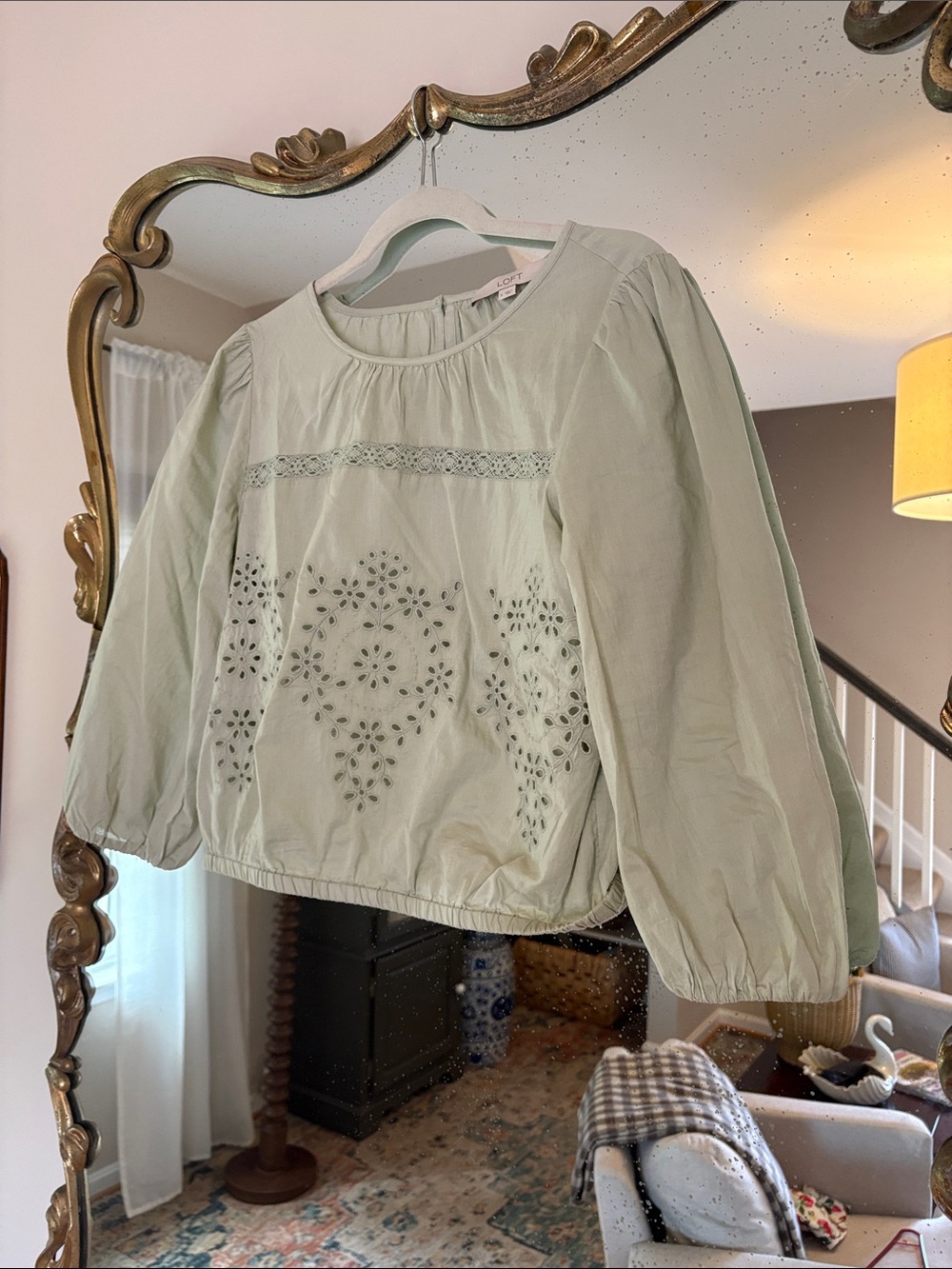 LOFT Light Sage Eyelet Peasant Blouse